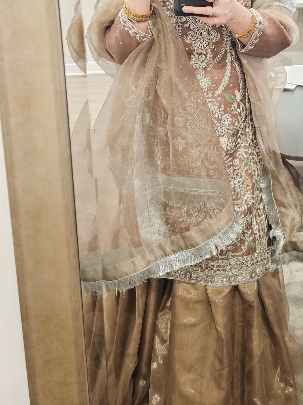 Elegant Taupe Embroidered Women’s Skirt with Sheer Dupatta